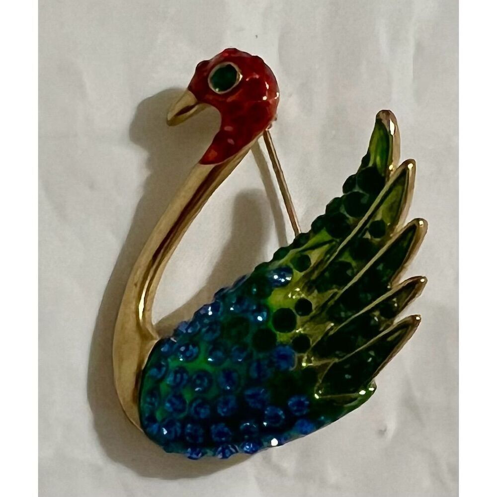 Multicolor Enamel Swan Brooch with Rhinestones Costume Jewelry Pin
